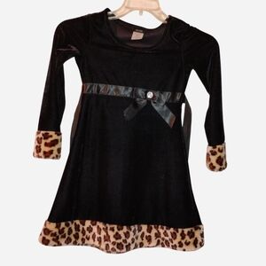 Holiday Editions Girls Black Velvet Dress w/ Leopard Faux Fur Trim - Size 7/8